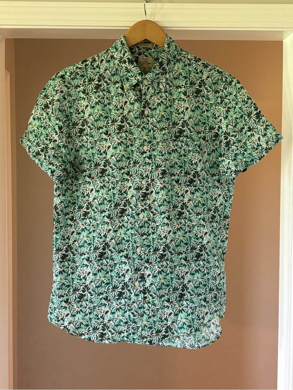 J. Crew 100% Linen Mint Green Floral Short-Sleeve Button-Down Shirt